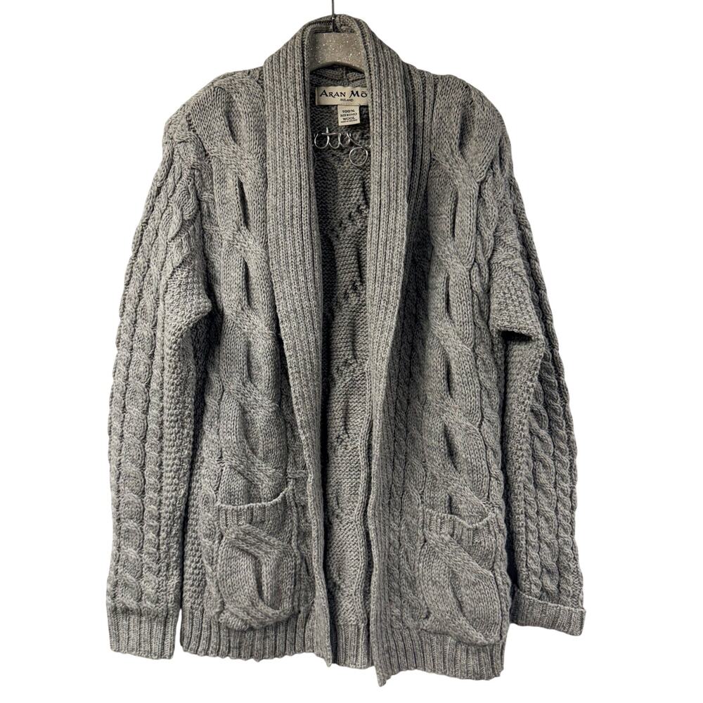 Aran Mor Ireland Gray Cable Knit Merino Wool Sweater Open Front Medium